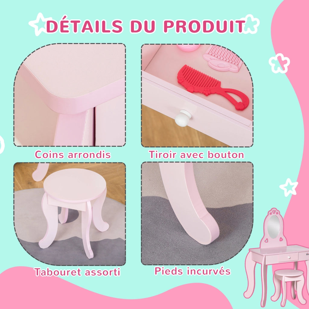 Scrivania Bambini con Specchio e Cassetto ¨C zephmum ¨C Rosa 60x36x88 cm