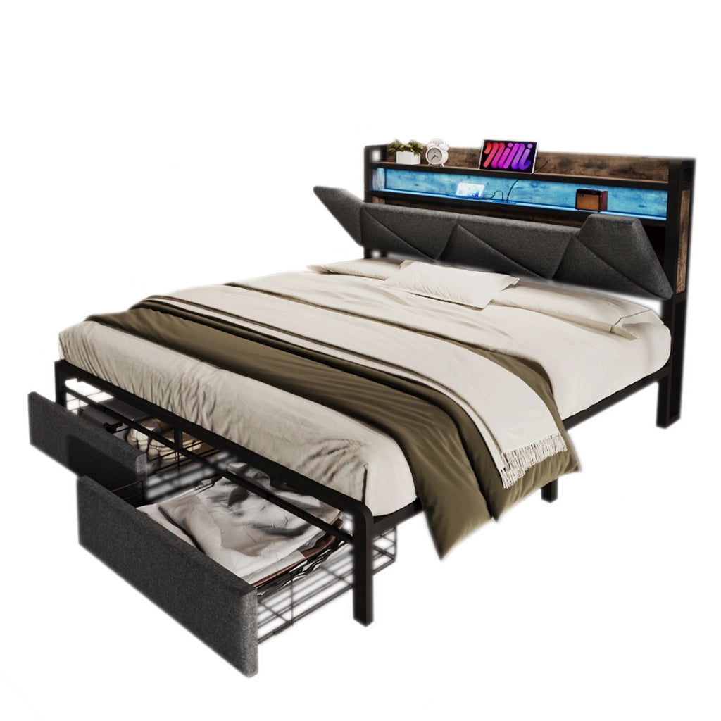 OKWISH Letto Contenitore 140×200 cm, Letto Matrimoniale con USB, Type-C, LED Regolabile e 2 Cassetti, senza Materasso, in Lino - Grigio
