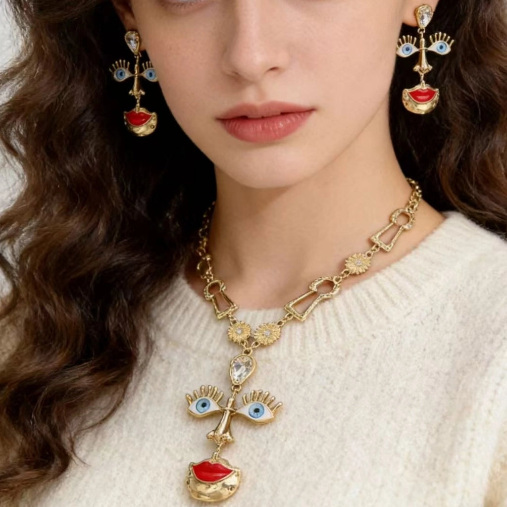 Set vintage con collana lunga e orecchini a forma di labbra rosse