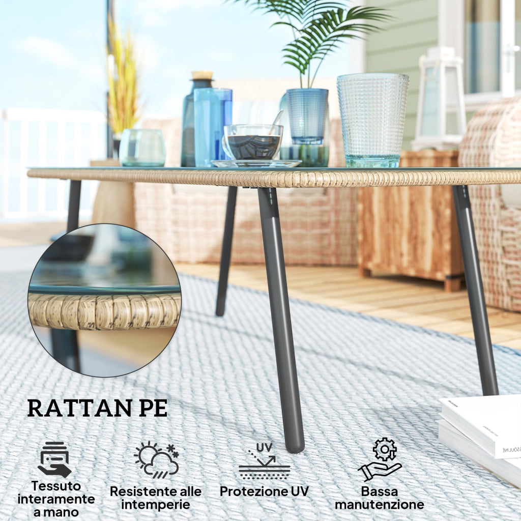 Tavolino da Giardino 110x60x40 cm in Rattan PE con Piano in Vetro e Acciaio Legno Naturale