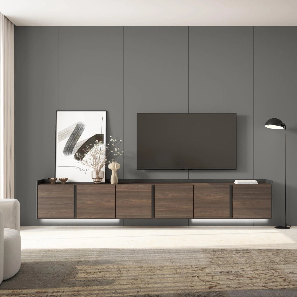 Mobile TV Soggiorno, 309x50x35 cm, Per TV fino a 80", Sospeso, da appendere, LED, Rovere scuro e Nero