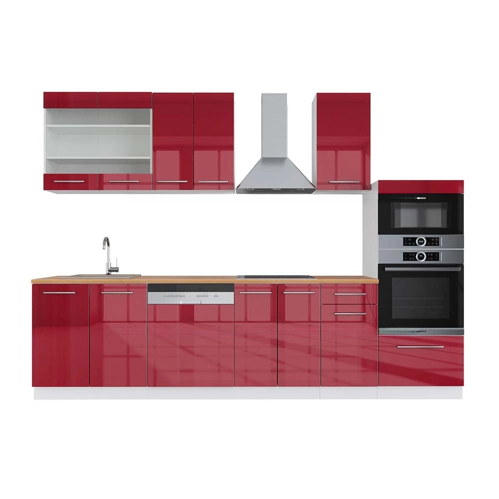 Cucina componibile Fame-Line Bordeaux lucido/Bianco 300 cm con armadio alto, PL Rovere Vicco