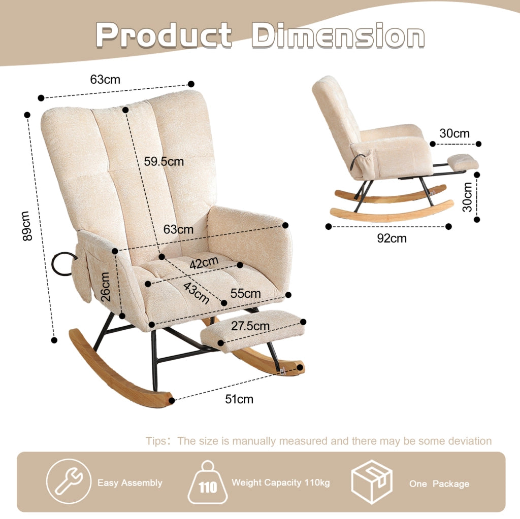 Sedia a dondolo con schienale alto e braccioli in chenille beige