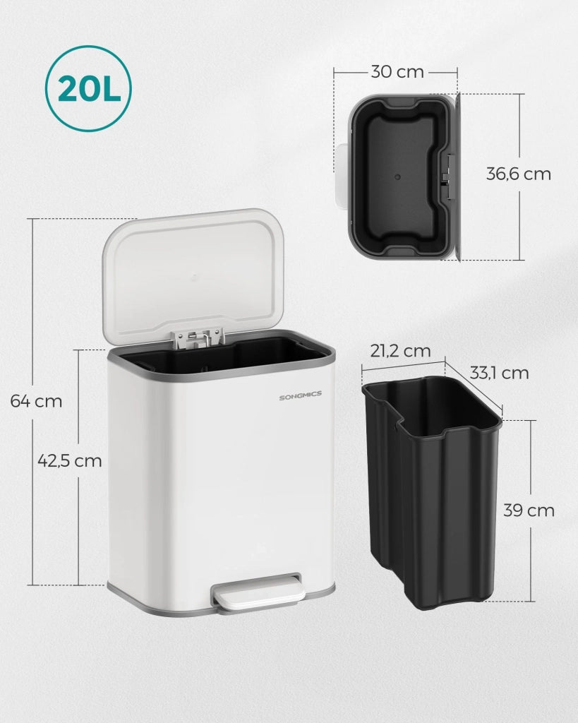 Pattumiera a pedale da cucina 20 litri pattumiera in acciaio con coperchio a chiusura ammortizzata secchio interno con fermo aperto ampio pedale antiscivolo bianco 12_0007231
