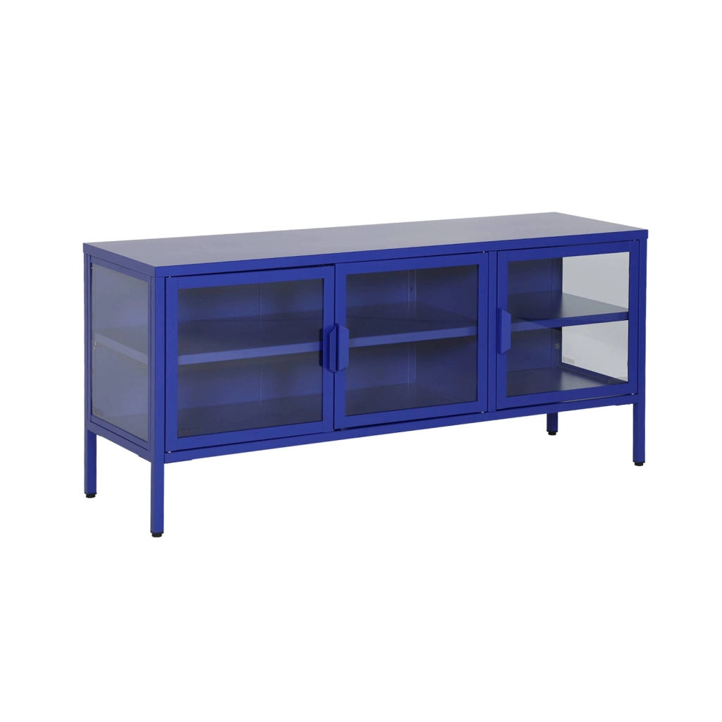 Mobile tv industriale in metallo e vetro temperato 3 ante 120cm, blu