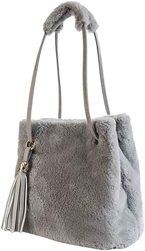 Borsa da donna con pelliccia artificiale in grigio chiaro - Borsa a tracolla con portafoglio morbido - Borsa da 28x23x17cm