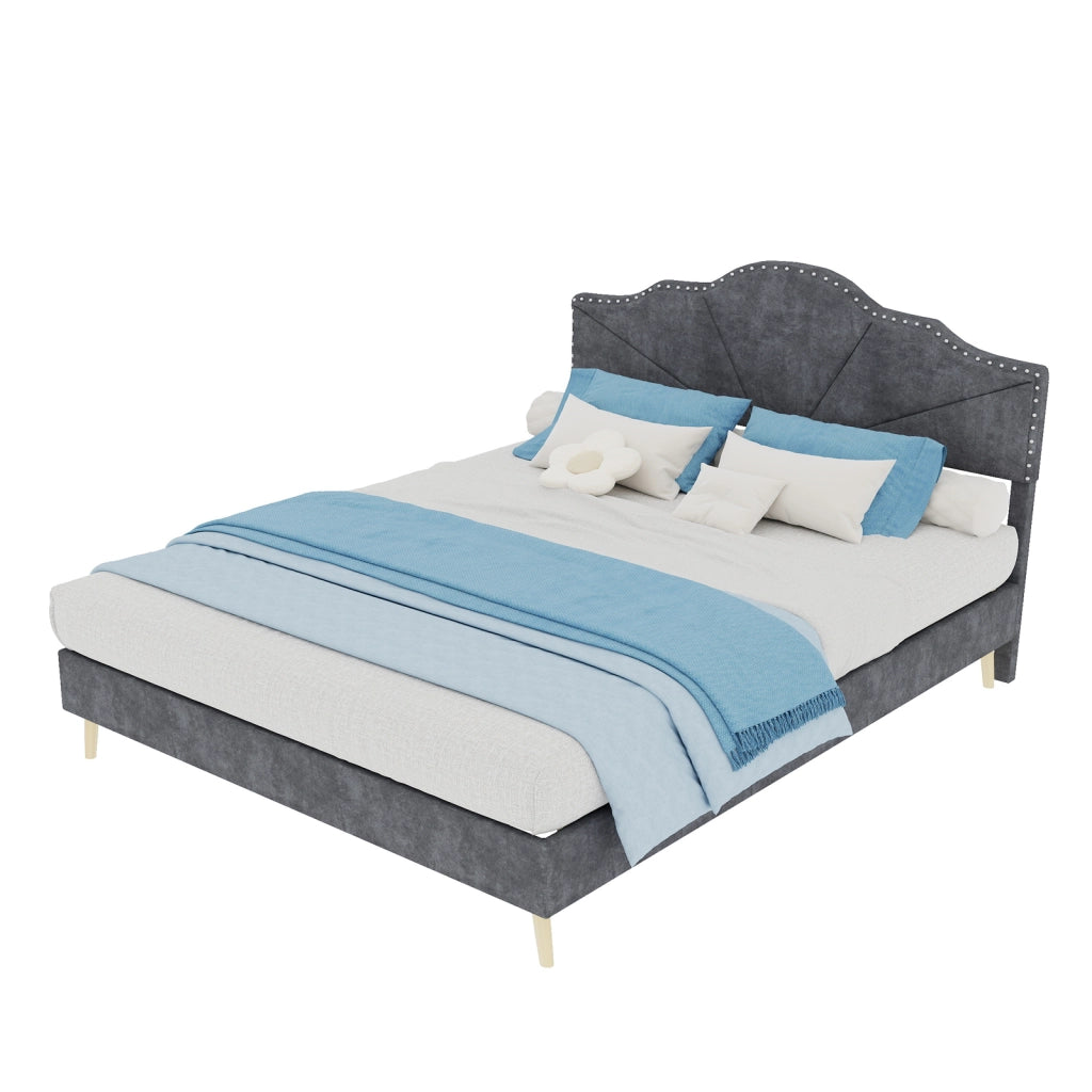 Letto matrimoniale imbottito con testiera geometrica 140x200 cm; grigio