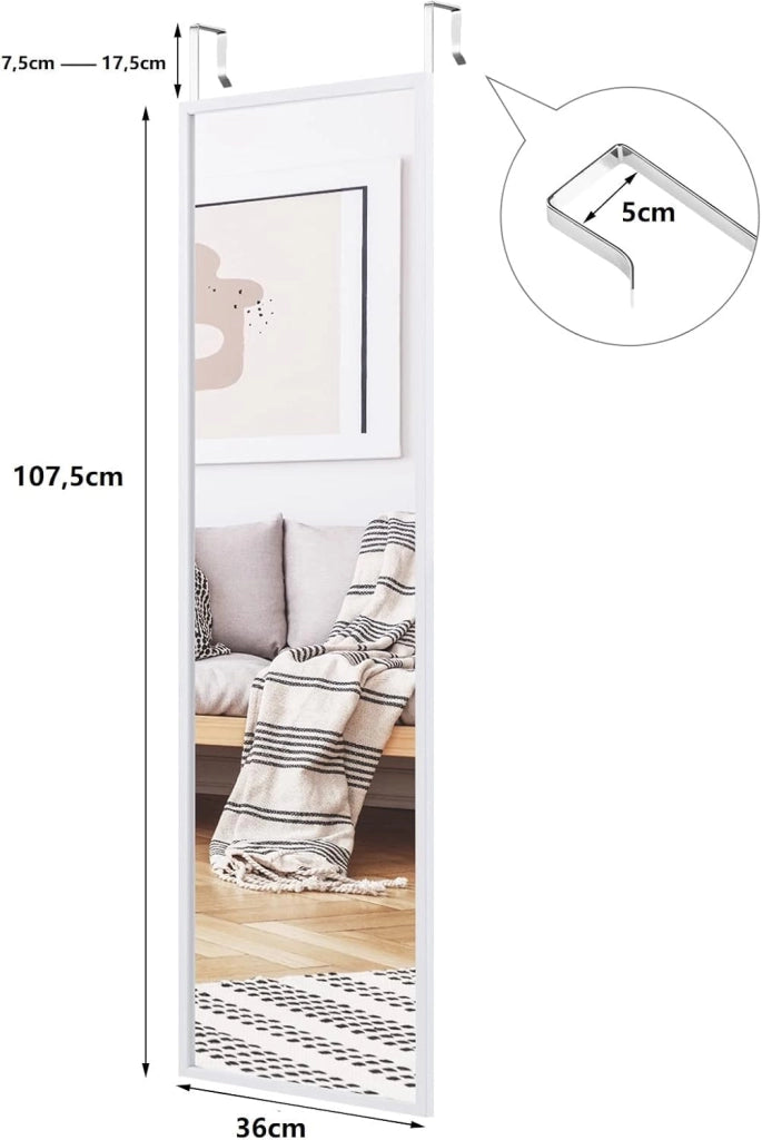 Specchio a Porta, Specchio a Parete, Specchio a Figura Intera, Superficie con Strato Antideflagrante, con 2 Ganci per Regolare Altezza, Cornice in Ferro, 36 x 1,5 x 107,5 cm (Bianco)