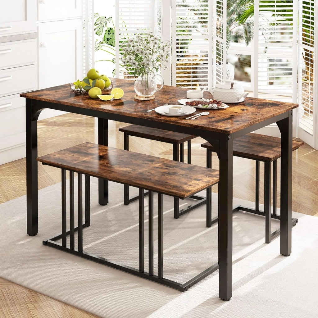 Set Tavolo da Pranzo 4 Pezzi 120x60x75cm, Tavolo da Cucina con 2 SgabellI e Panca in Stile Industriale per Sala da Pranzo, Bar e Ristorante (Marrone)