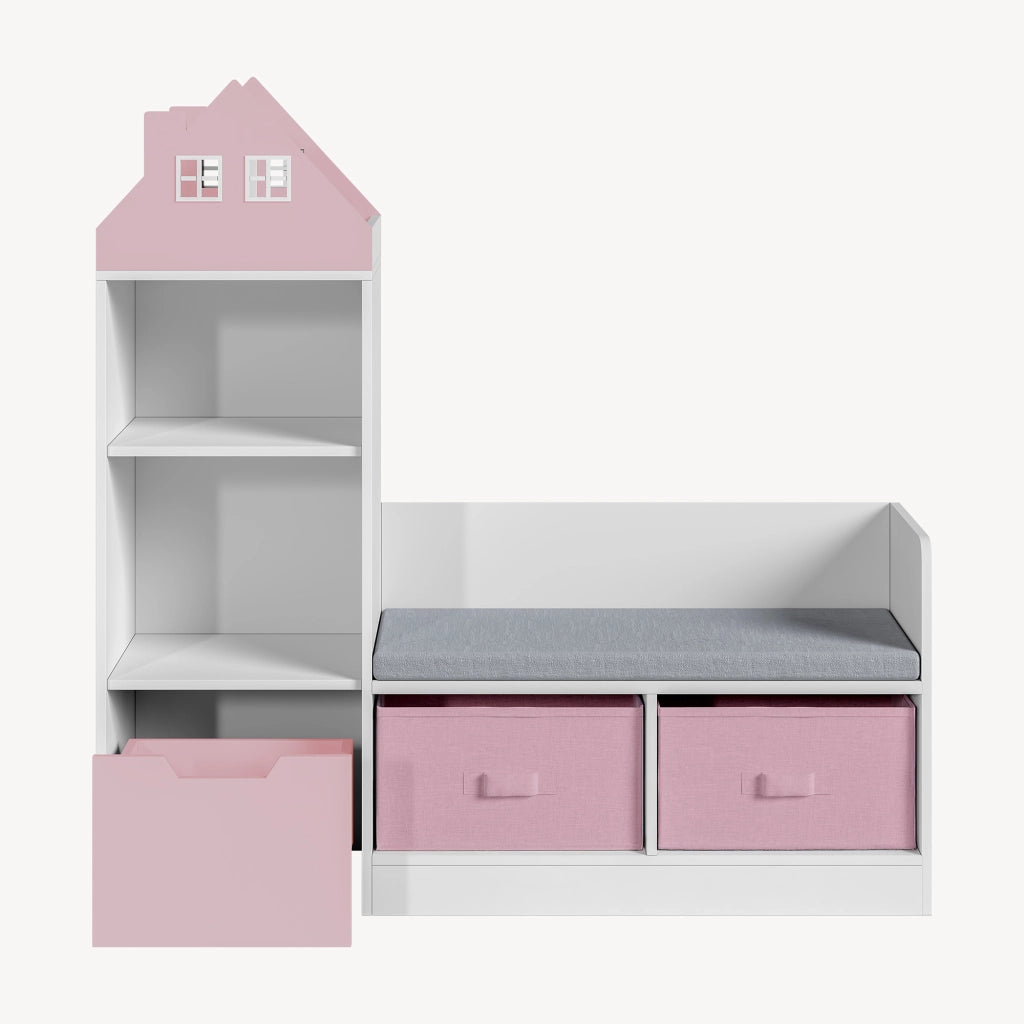 Mobile per Cameretta Vipsali Panchina e Scaffale con Contenitori 100x99x30 cm Rosa / Bianco [en.casa]