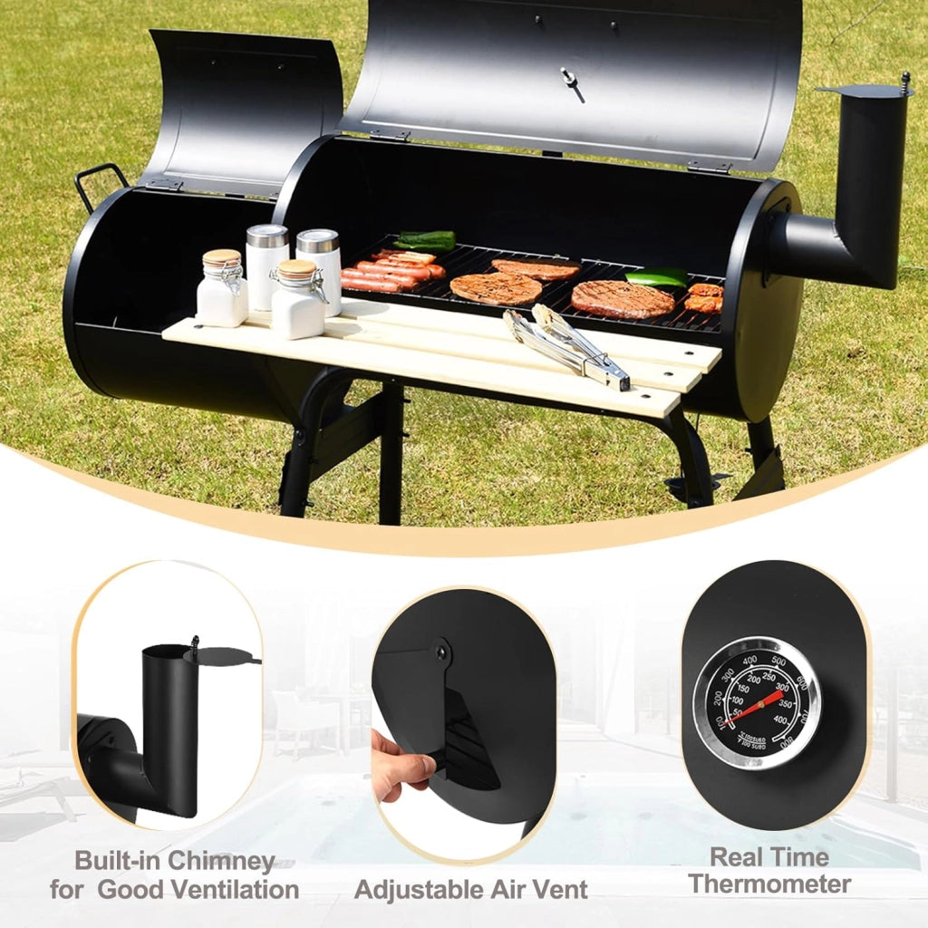 Barbecue a carbone con termometro e ruote, griglia in acciaio con camino, affumicante per esterni, con tavolo laterale e ripiano inferiore, 115 x 65 x 108 cm