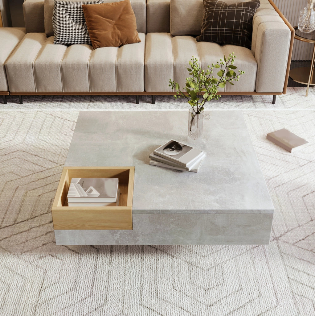 Tavolino da caffè 72x72x30 cm con box contenitore estraibile; grigio cemento e legno