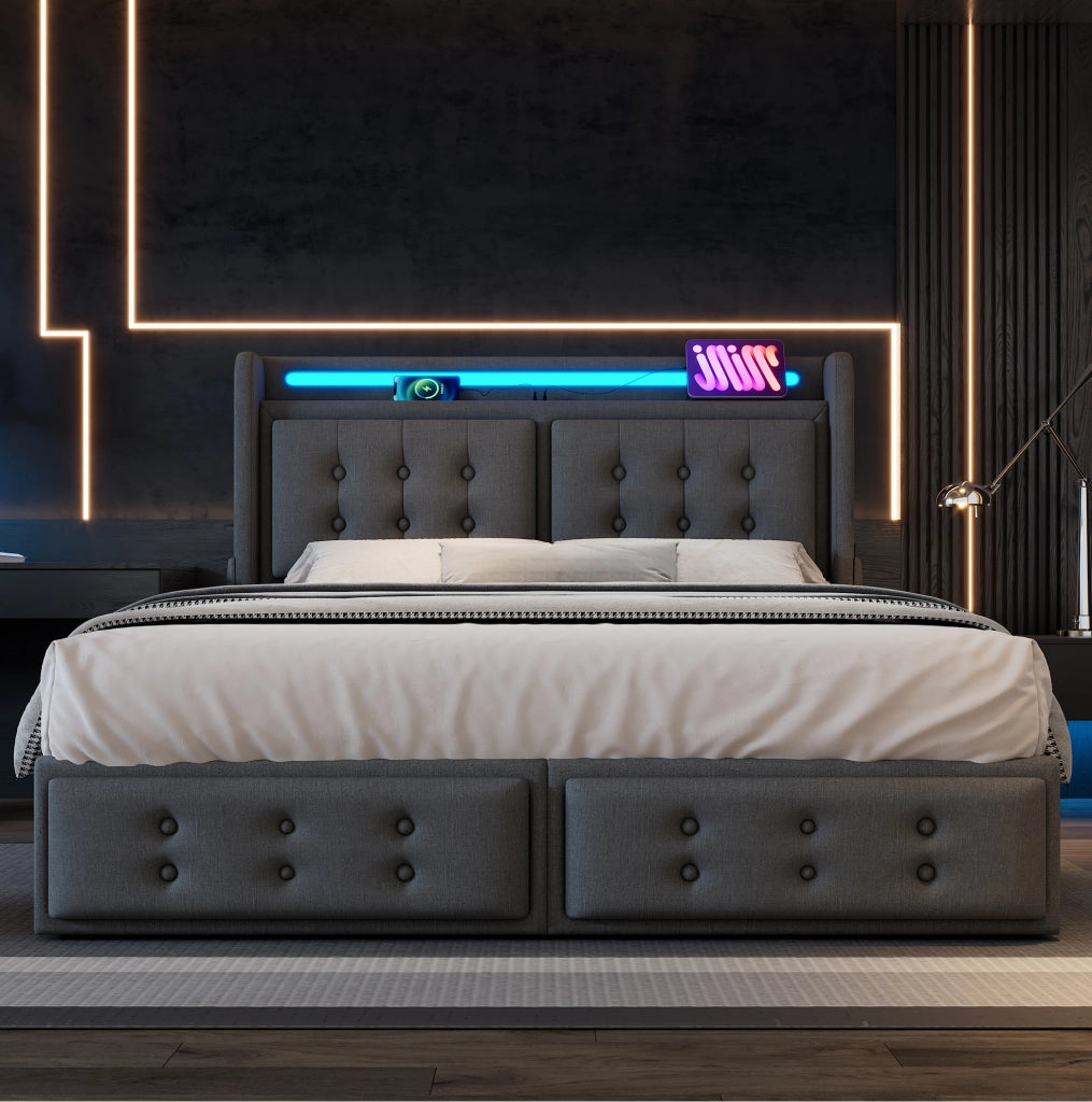 Letto matrimoniale 180x200 cm con LED; USB-C e 4 cassetti in cotone-lino grigio