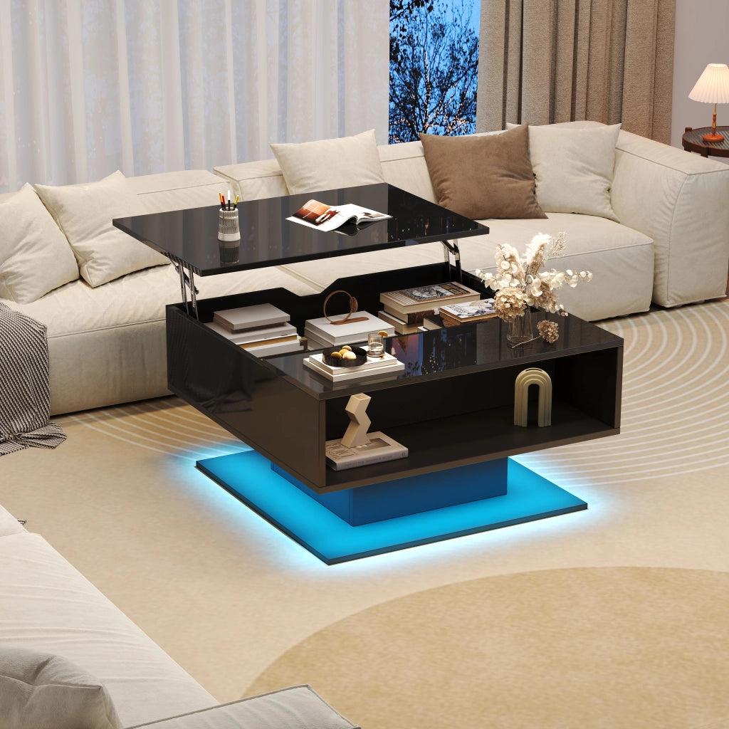 Tavolino da Salotto Sollevabile con LED e 2 Spazi Contenitore; Lucido; in Pannelli di Particelle; 80×75×40 cm; Nero