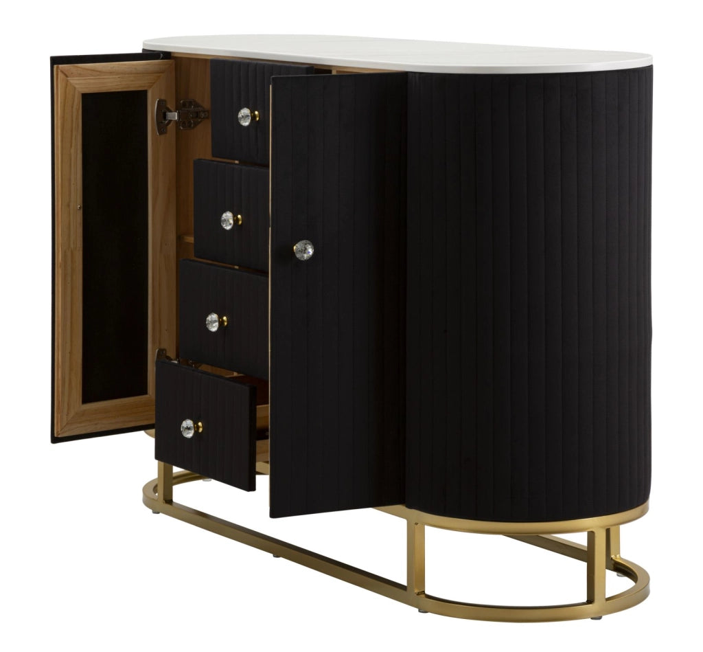 Consolle metallo dorato, tessuto nero e similmarmo, cassetti e ante 120x40x85cm Montpellier
