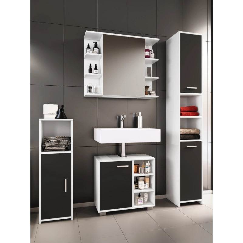 Domus di Ezooza  Set Bagno Completo 4 Pezzi Mobile + Colonna + Pensile e armadietto a specchio, Nero ,