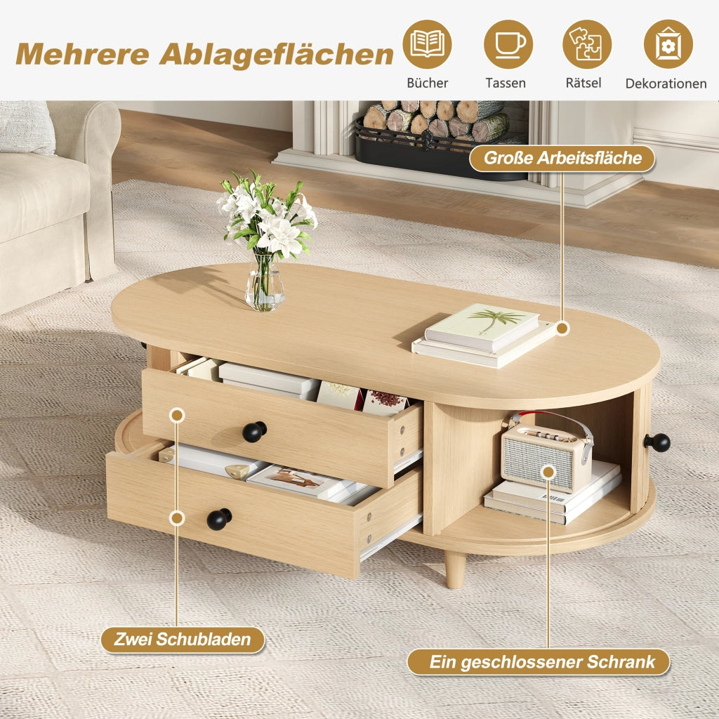 Tavolino basso con 2 cassetti e ante scorrevoli, in MDF con gambe in legno massello, per soggiorno, 100 × 50 × 36 cm