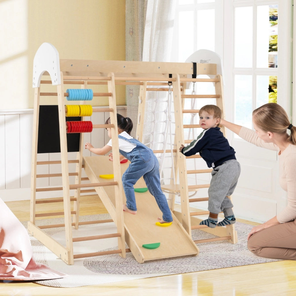 Set arrampicata 8 in 1 per bambini con abaco e altalena, Set arrampicata di legno con scivolo e scala Naturale-Arrampicate e scivoli