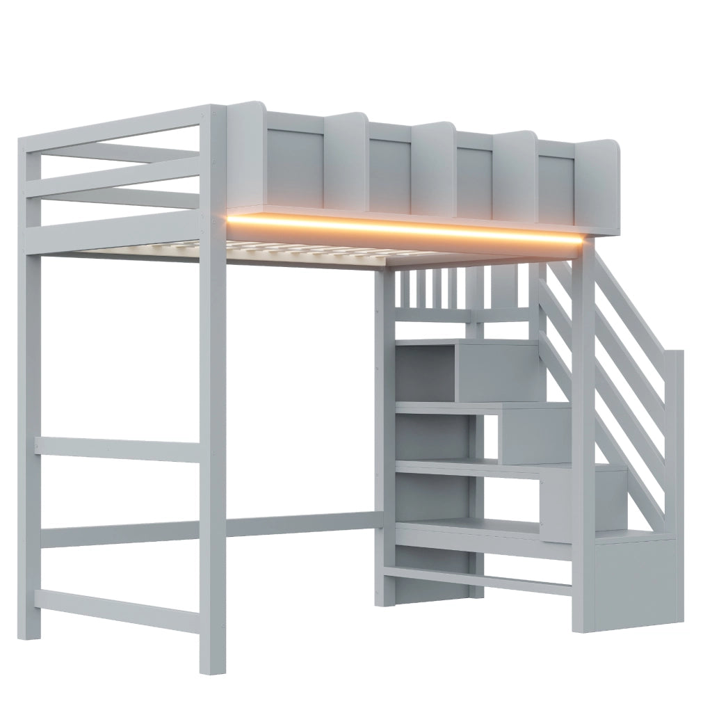 Letto a soppalco 90x200 cm con LED; scala e vani portaoggetti grigio