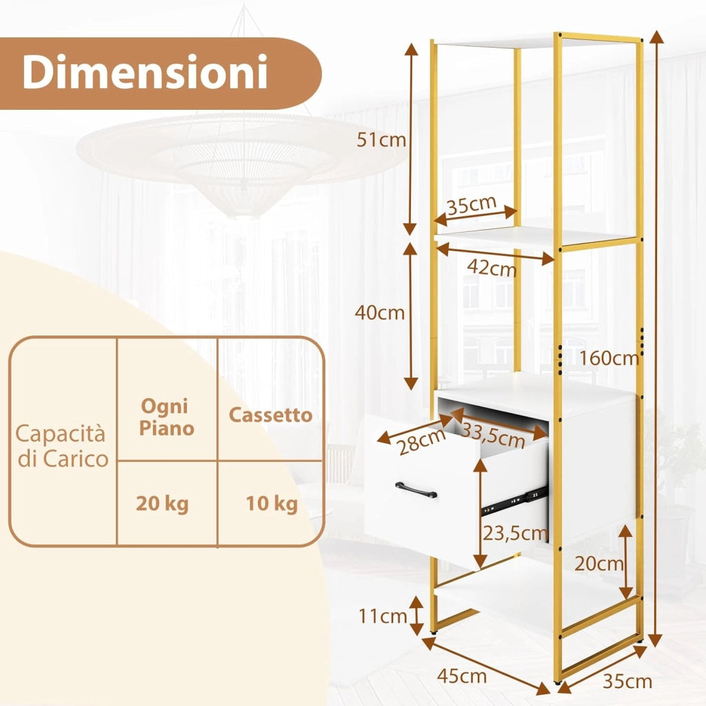 Libreria a 5 Ripiani con Cassetto, Scaffale di Stoccaggio con Struttura in Metallo e Kit Antiribaltamento, Unità Espositiva Autoportante per Camera da Letto Soggiorno, 45x35x160 cm (Bianco)