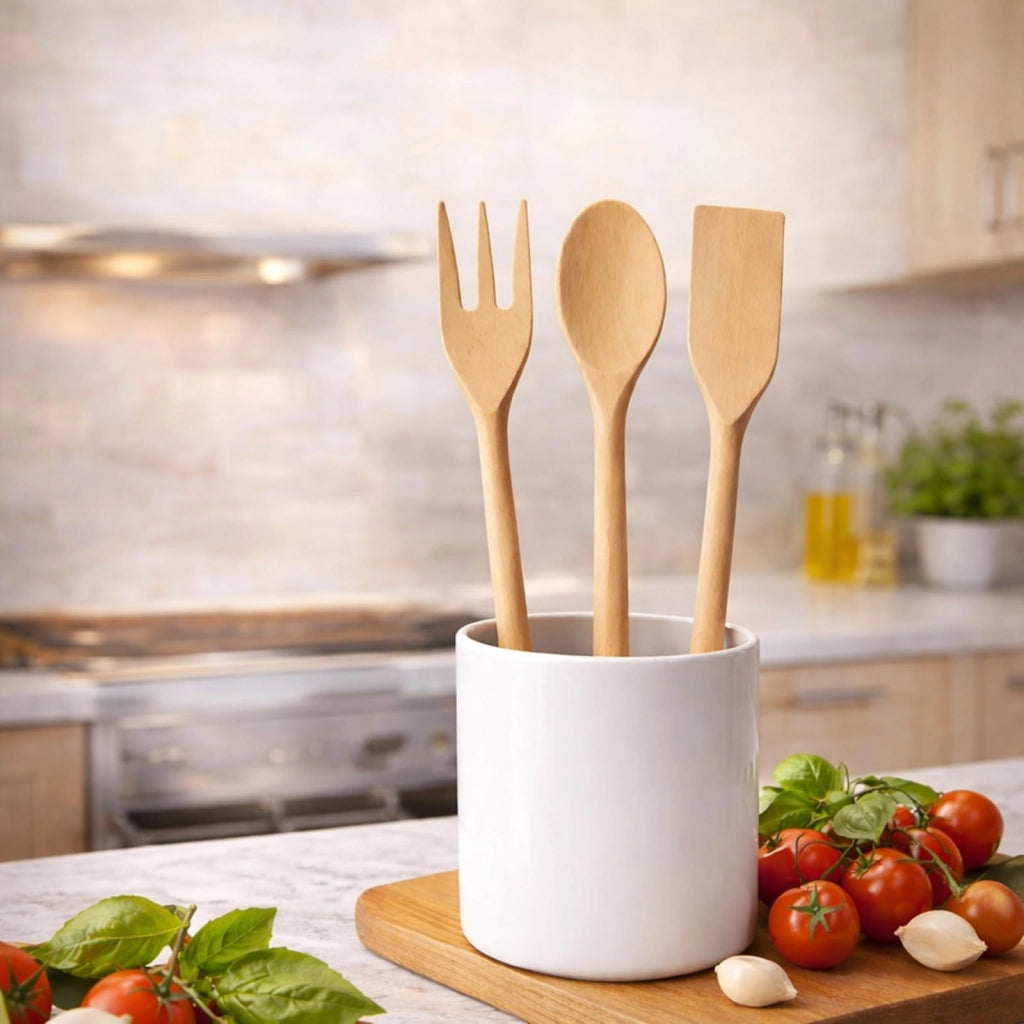 Set Utensili Cucina in Legno Naturale 3 Mestoli Antigraffio 31 cm per Pentole