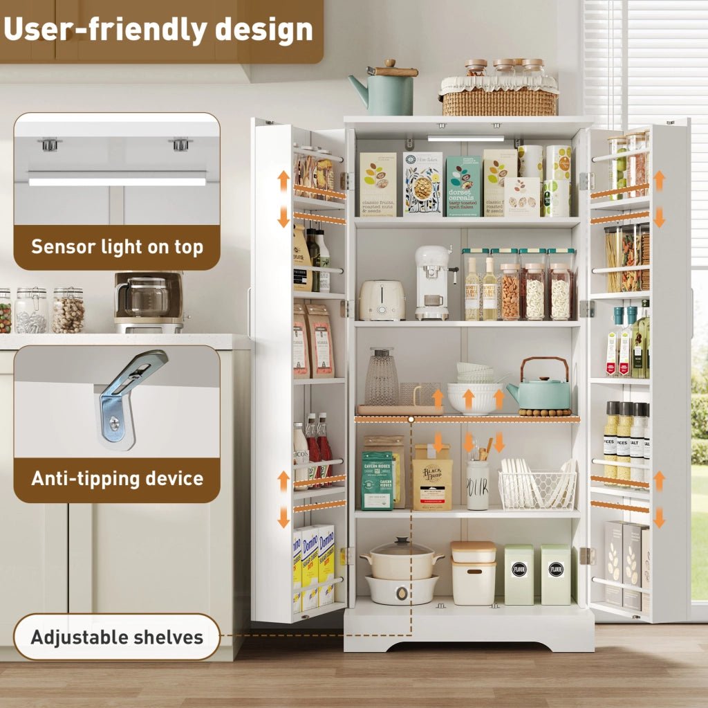 Credenza da cucina bianca 60x35x128 cm in MDF e PB con luce LED sensor e ripiani regolabili