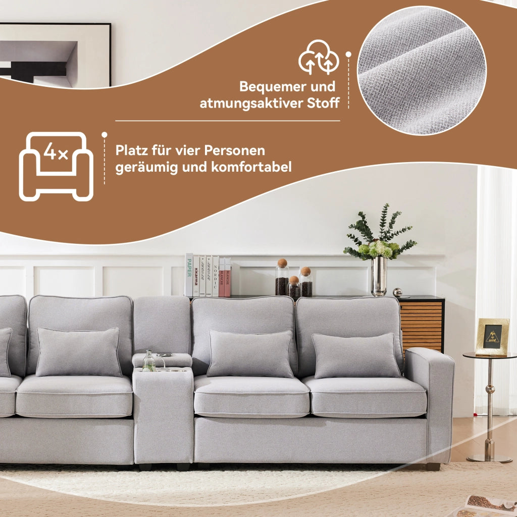 Divano Lineare 4 Posti con USB, Consolle, 2 Portabicchieri e Tasche Laterali, in Lino Grigio 290 × 83 × 88 cm