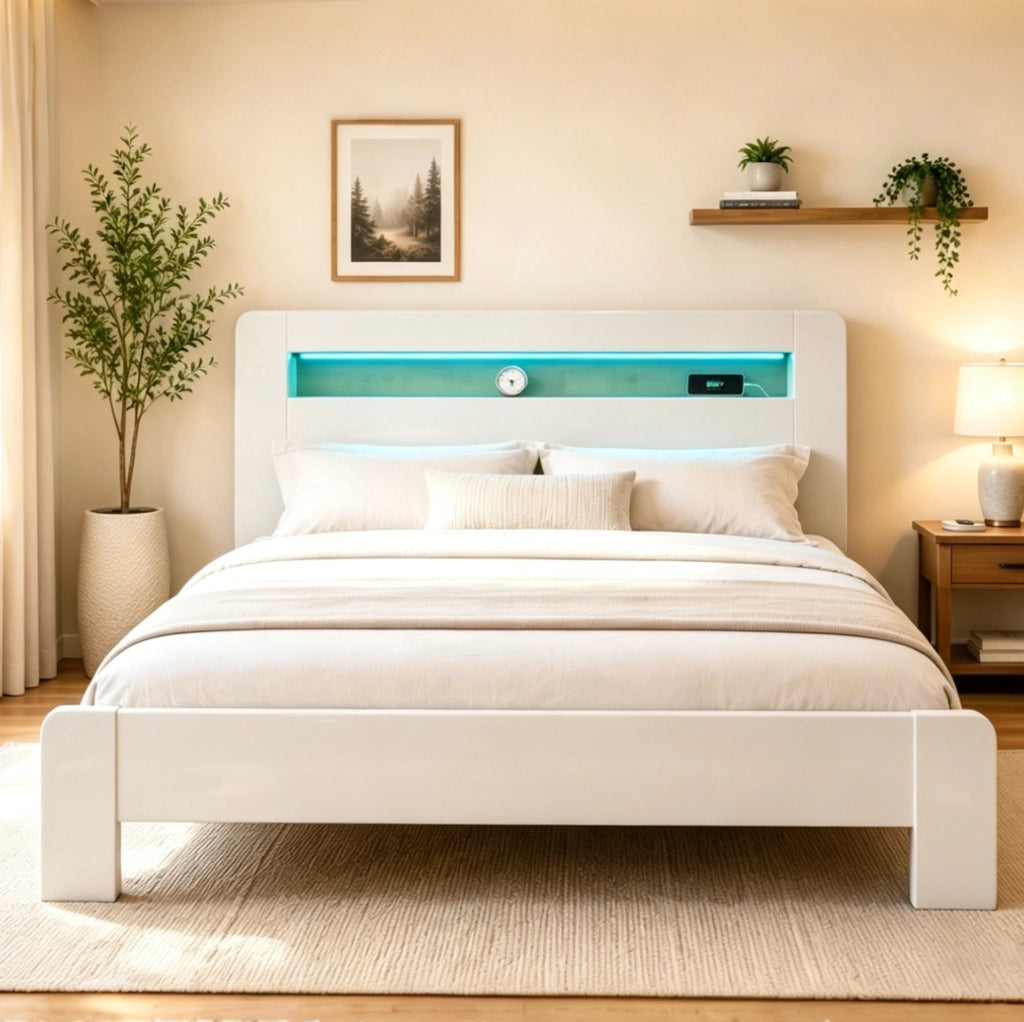Letto 180x200 cm con contenitore in testiera; LED e prese in legno bianco