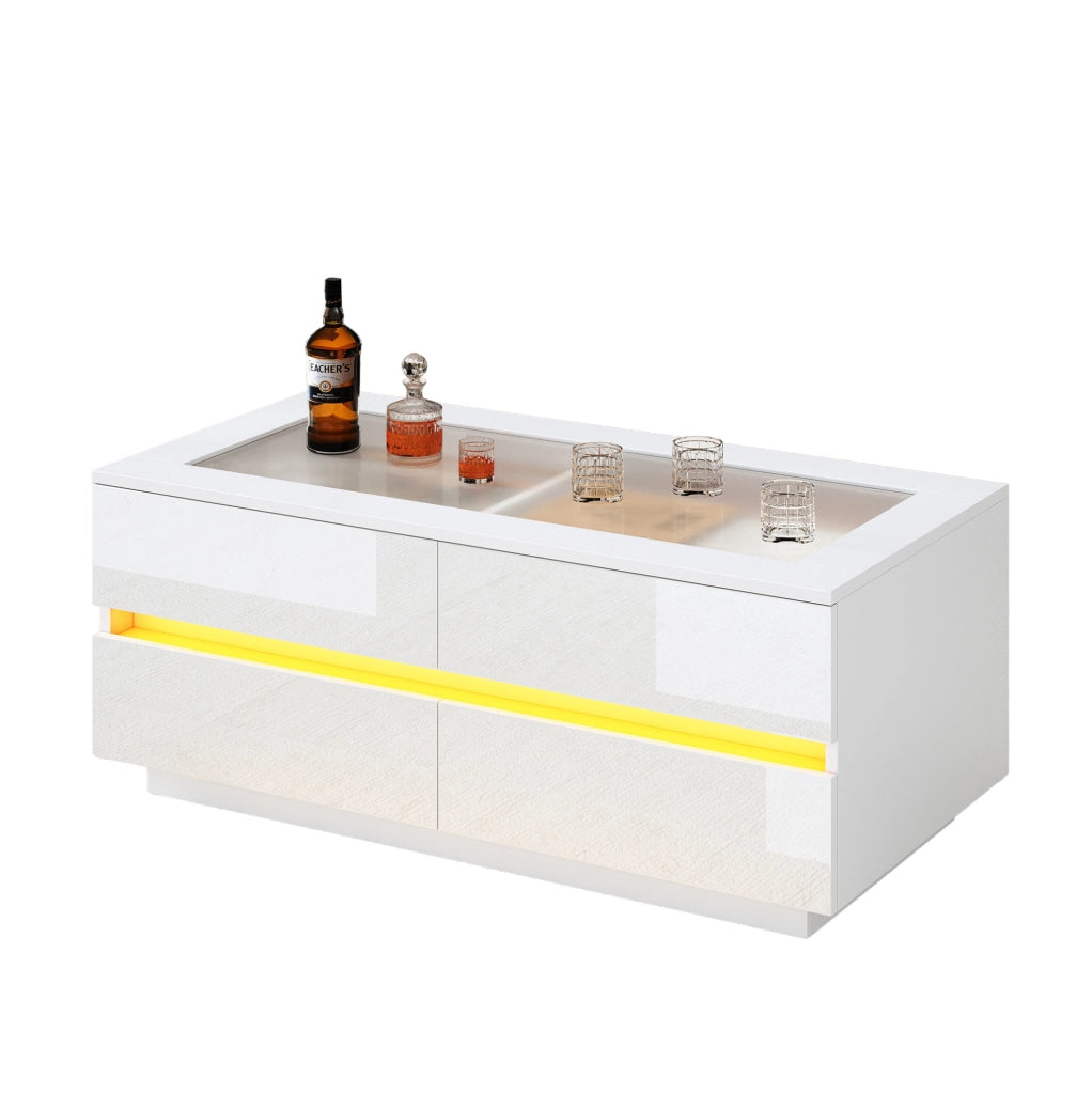 Tavolino da caffè moderno bianco 100x50x40 cm con 4 cassetti; LED; vetro temperato