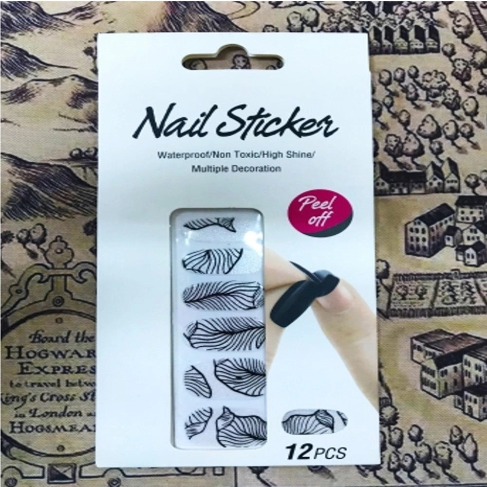 Trade Shop - Nail Art Stickers Foglie Nero Argento Glitter 12 Decorazioni Adesiva Peel Off -