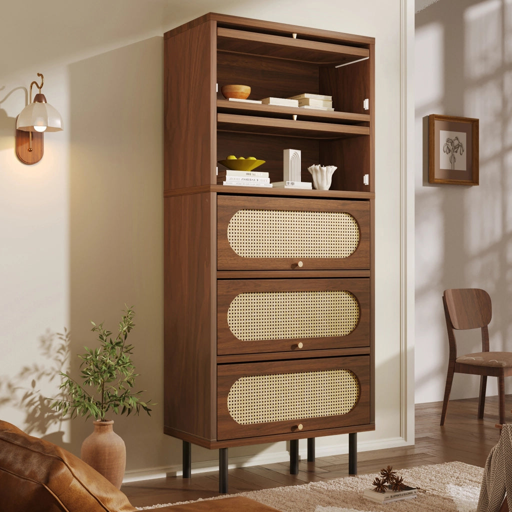 CREDENZA 80x40x163 cm Nussbaum con Rattan e 5 ante a ribalta