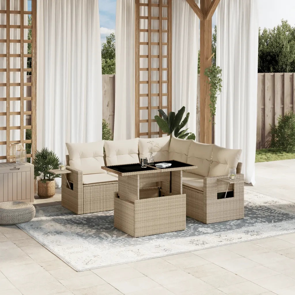 Set Divano da Giardino 6 pz con Cuscini Beige in Polyrattan