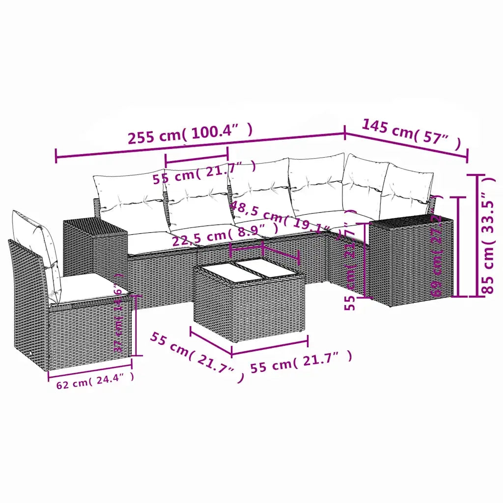 Set Divani da Giardino 7 pz con Cuscini Grigio in Polyrattan 3222640