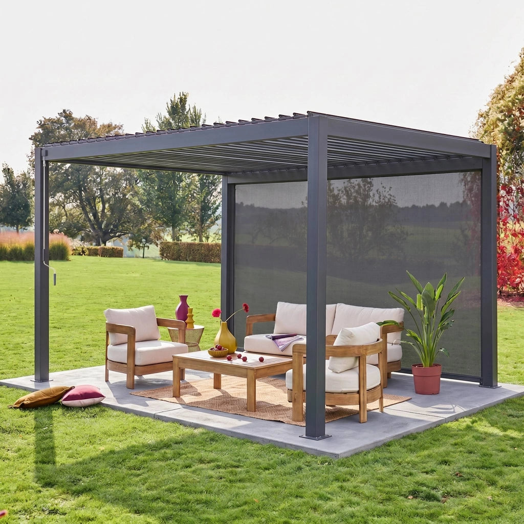 Pergola bioclimatica 3x4m in alluminio + tenda da sole 4m, antracite