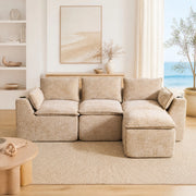 Divano modulare 256x161 cm khaki in chenille, con pouf e tasche laterali