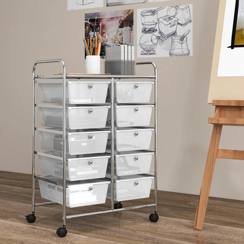 Carrello a 10 Cassetti con Ruote, Carrello di Stoccaggio con Stabilità Elevata, Carrello Multiuso per Casa Ufficio e Scuola, 65,5 x 37 x 87 cm (Trasparente)