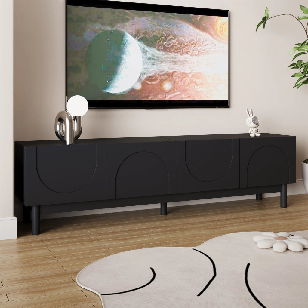 OKWISH Mobile TV con 4 Ante e Ripiani, Frontali Ondulati senza Maniglie, per Soggiorno, MDF e Pannelli di Particelle, Nero, 169 × 34 × 45.5 cm