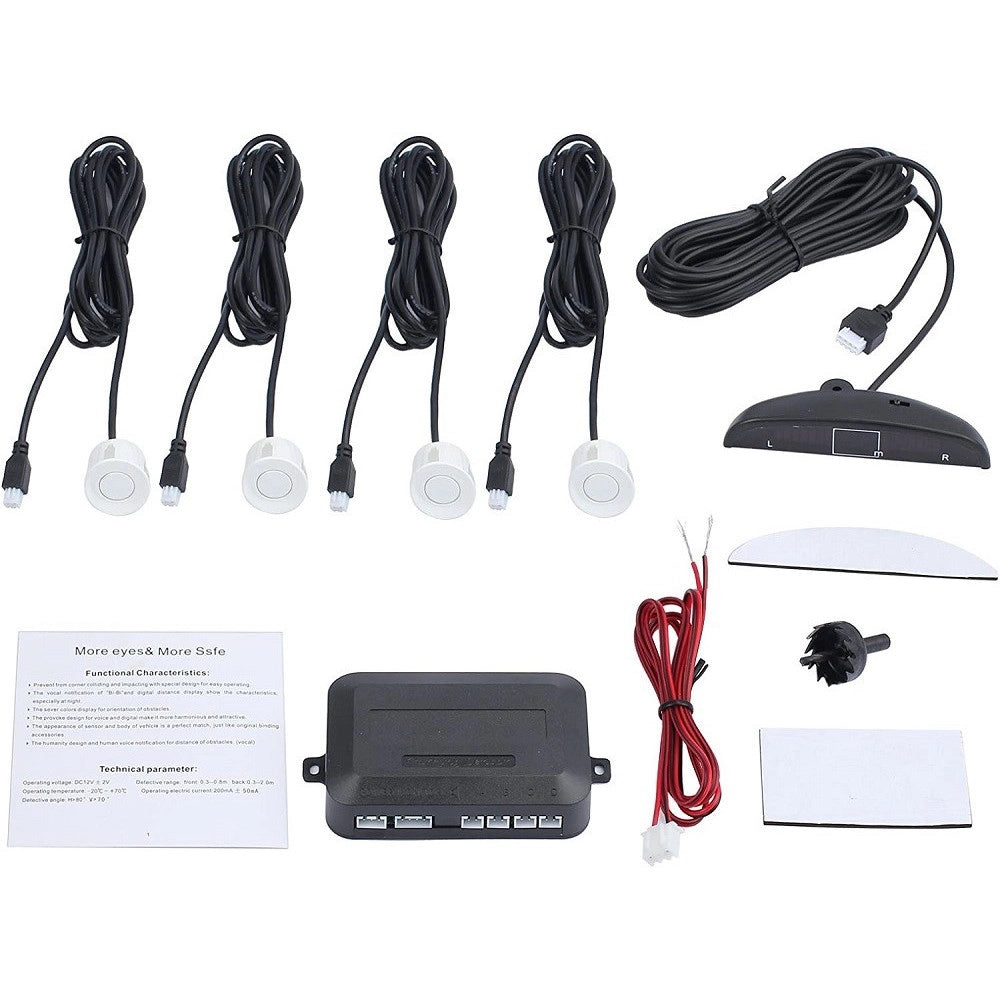 Trade Shop - Kit 4 Sensori Parcheggio Per Auto Retromarcia Posteriori Bianchi Con Led Display -