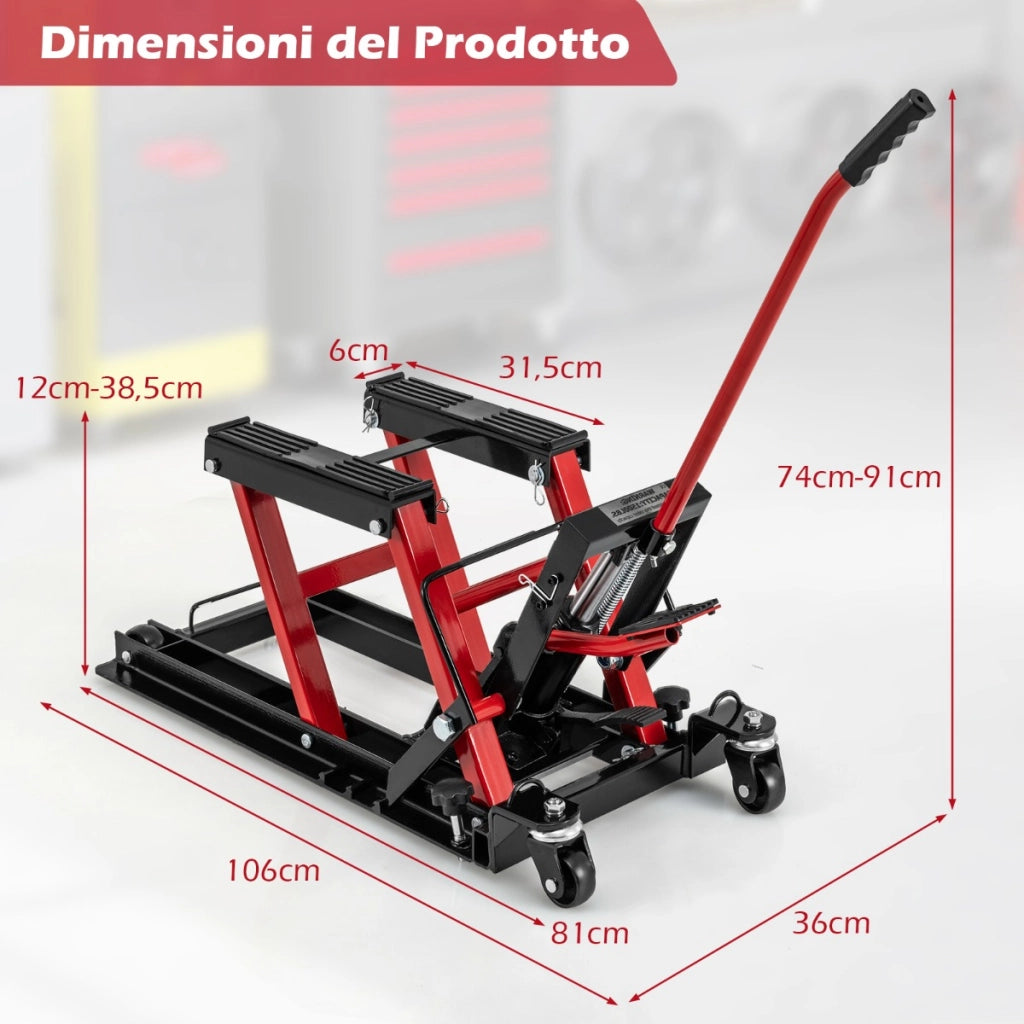 Sollevatore idraulico per motociclette con piattaforma regolabile in altezza a 3 livelli-Cric per motociclette portata 680kg Rosso