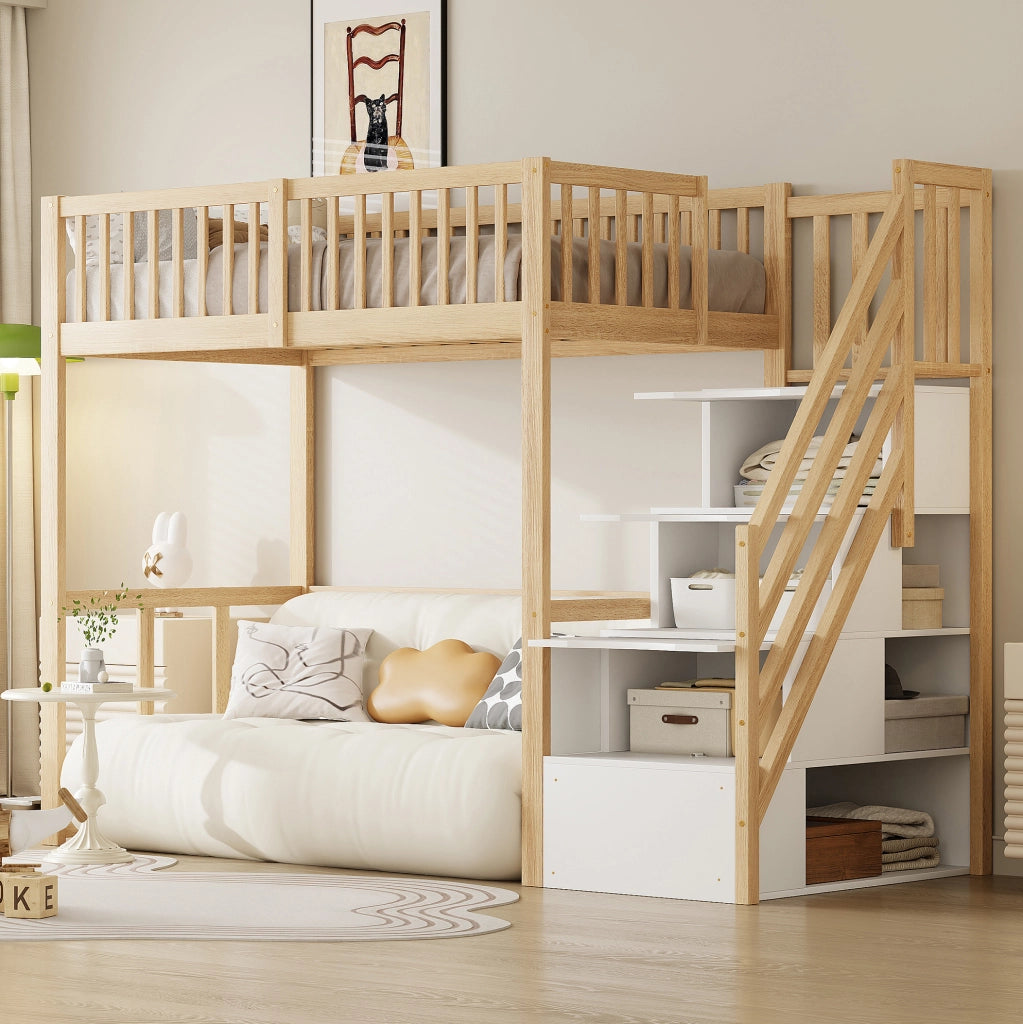 Letto alto 90x200 cm con scala contenitore; legno; colore naturale (Senza materasso)