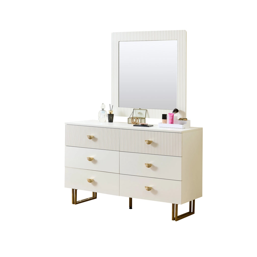 Set di Mobili da Soggiorno con 1 Credenza 6 Cassetti e 1 Specchio da Parete Quadrato; Contenimento; per Ingresso e Camera; MDF; Bianco
