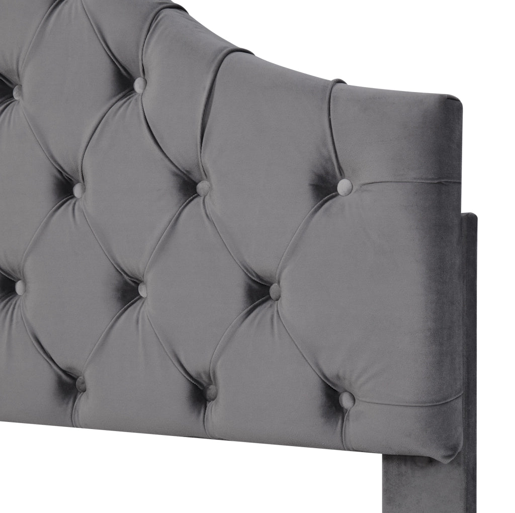 Letto imbottito singolo 90x200 cm in velluto grigio con testiera imbottita e rete a doghe