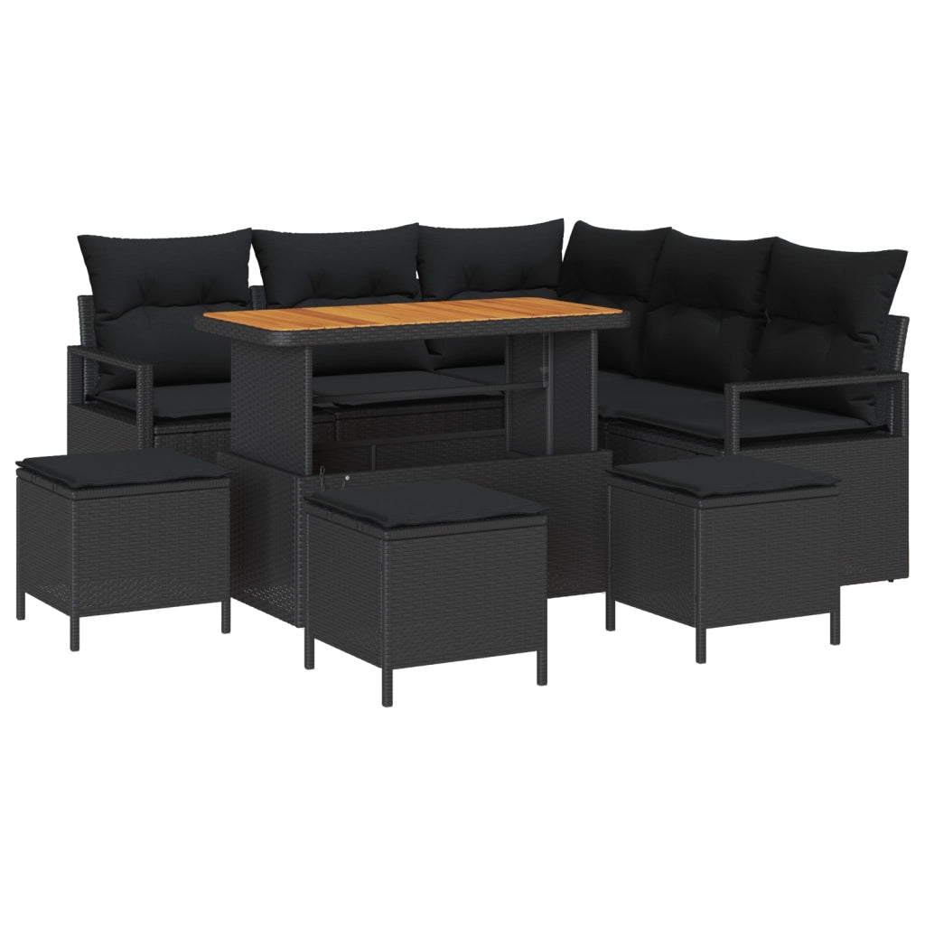 Set Divano da Giardino  9 Pezzi con Cuscini Nero Polyrattan Acacia