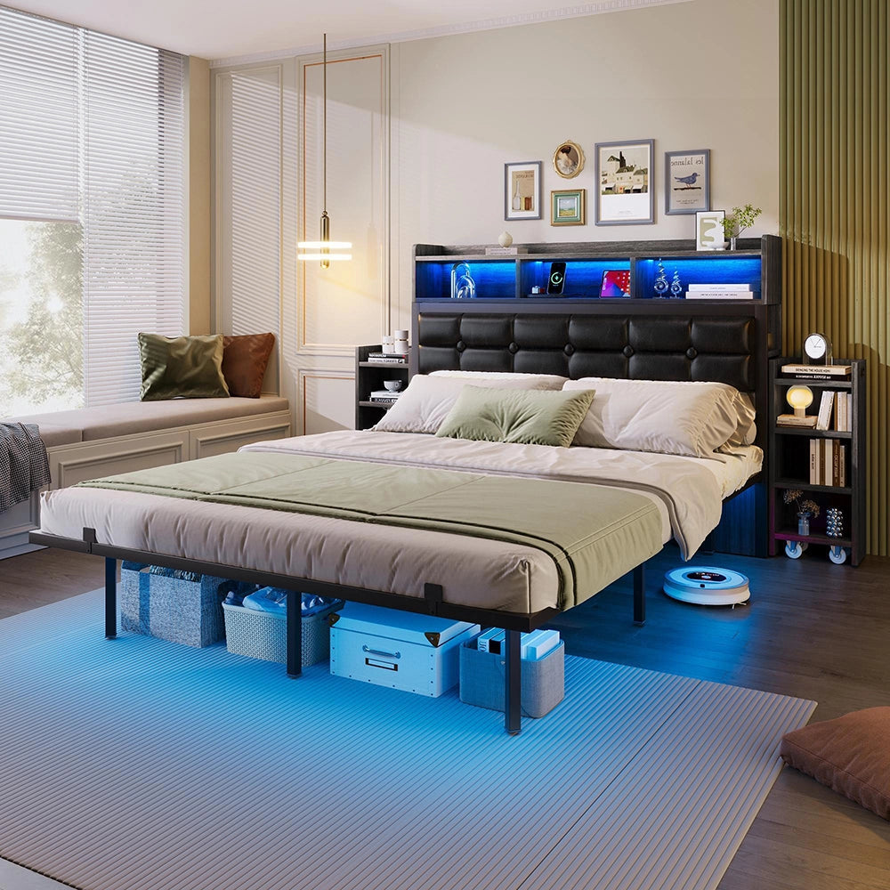 Letto matrimoniale - Xylo - 140x190 cm - Grigio - Testiera, comodini scorrevoli, ricarica USB/LED