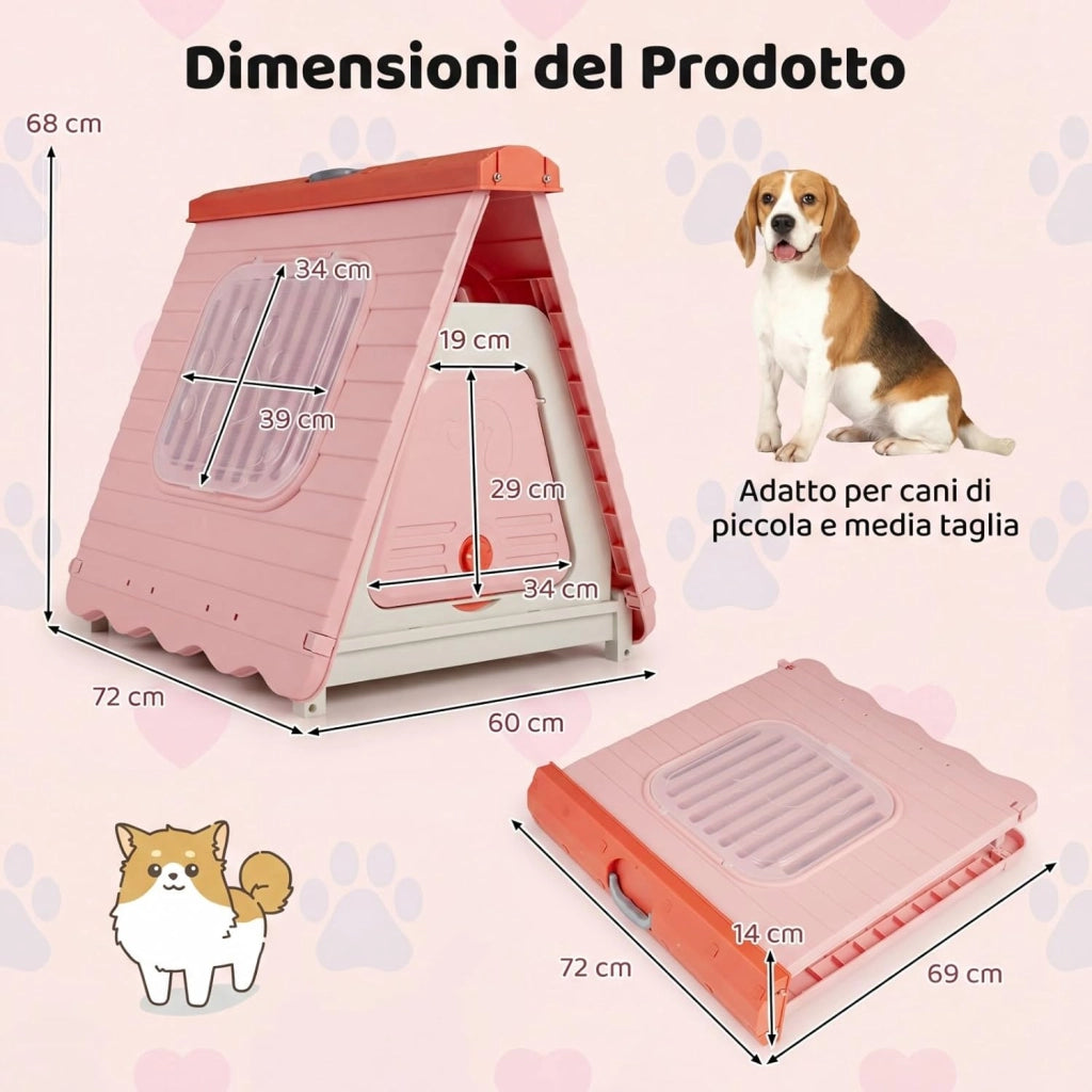 Cuccia Pieghevole per Cani, Casetta in Plastica per Cane con Porta a Battente Bloccabile e Finestre Ventilate, Cucce Impermeabile e Portatile per Cani Piccoli e Medi (Rosa)