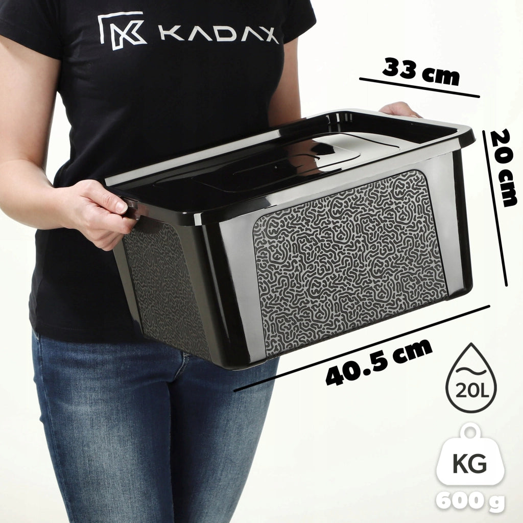 Contenitore in plastica KADAX da 20 litri con coperchio, nero, con chiusura a chiave, grande scatola organizer.