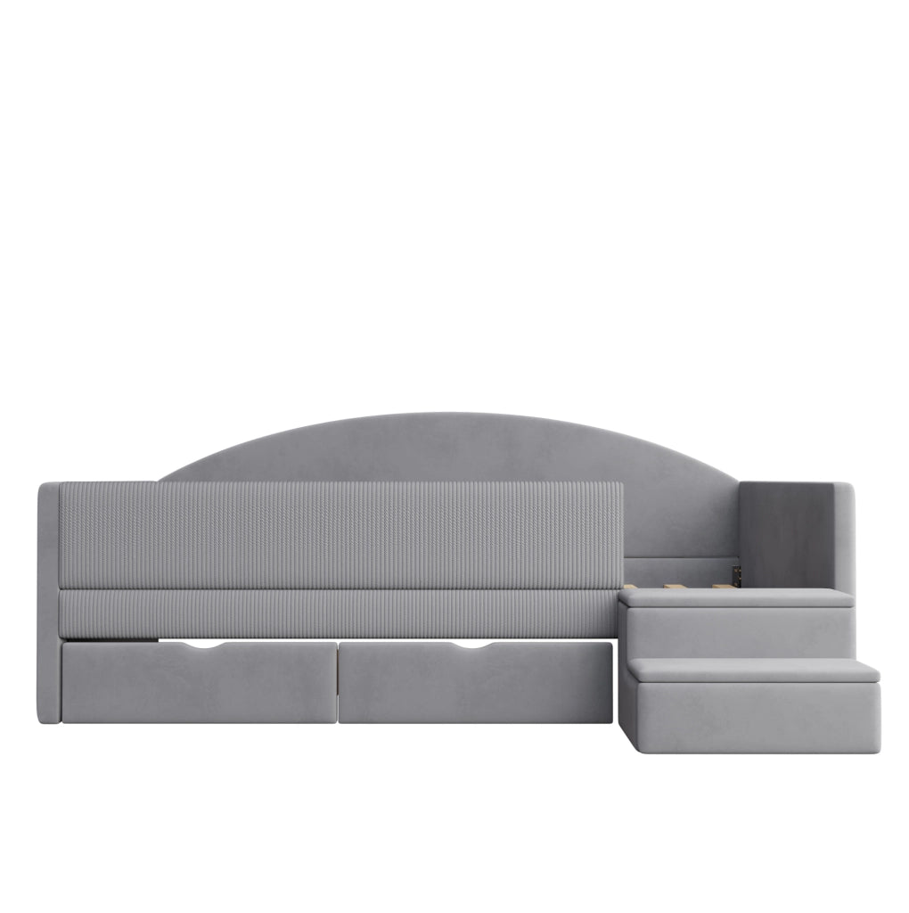 Letto imbottito 90x190 cm con 2 cassetti, sponde protettive e gradini