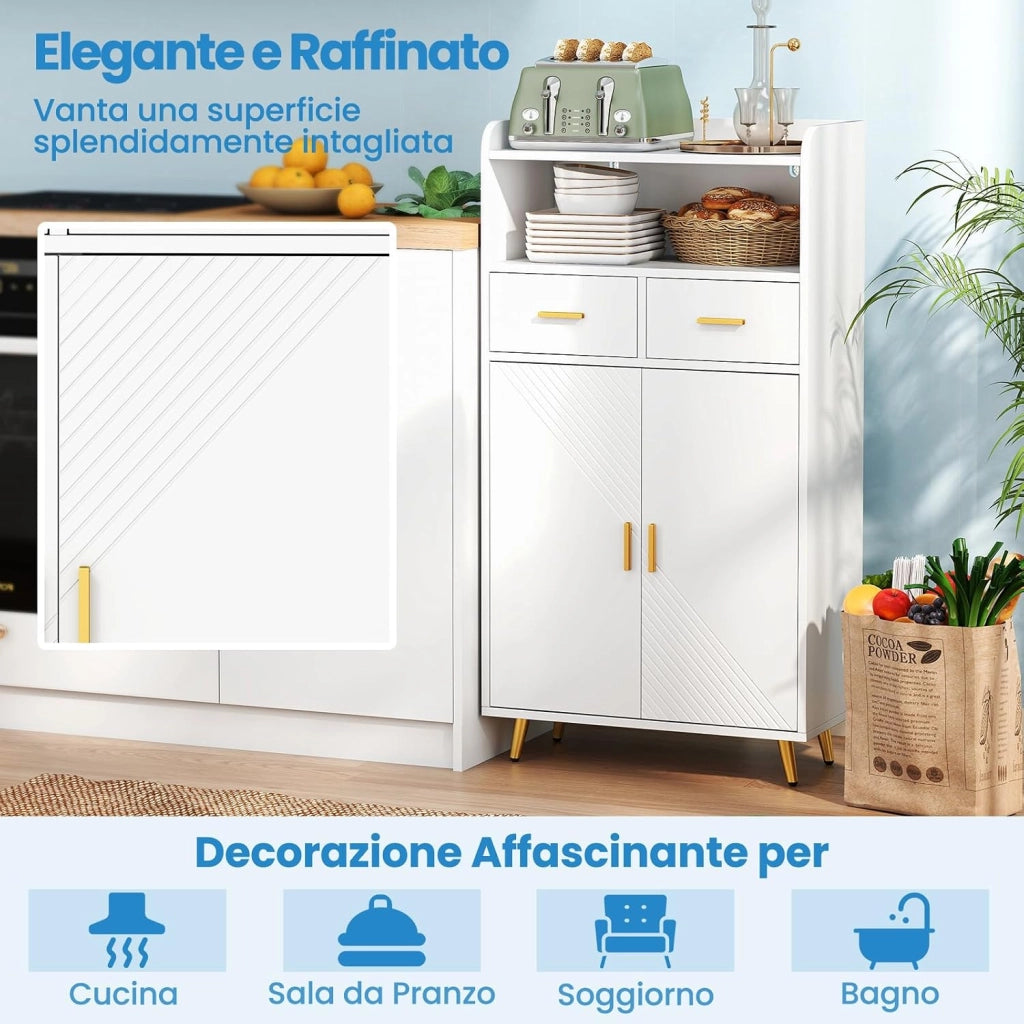 Mobiletto Bagno Salvaspazio 60 x 30 x 113 cm, Credenza Soggiorno con Ante, 2 Cassetti e Ripiano Regolabile, Armadietto da Cucina per Sala da Pranzo e Lavanderia (Bianco)