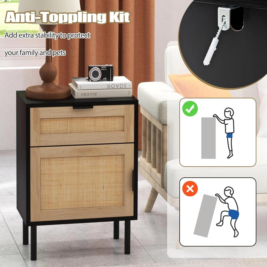Set di 2 comodini con cassetto e anta in rattan, comodino con gambe in metallo, mobile camera da letto con armatura a porta, per soggiorno, ufficio, 45 x 30 x 59 cm, naturale (nero)