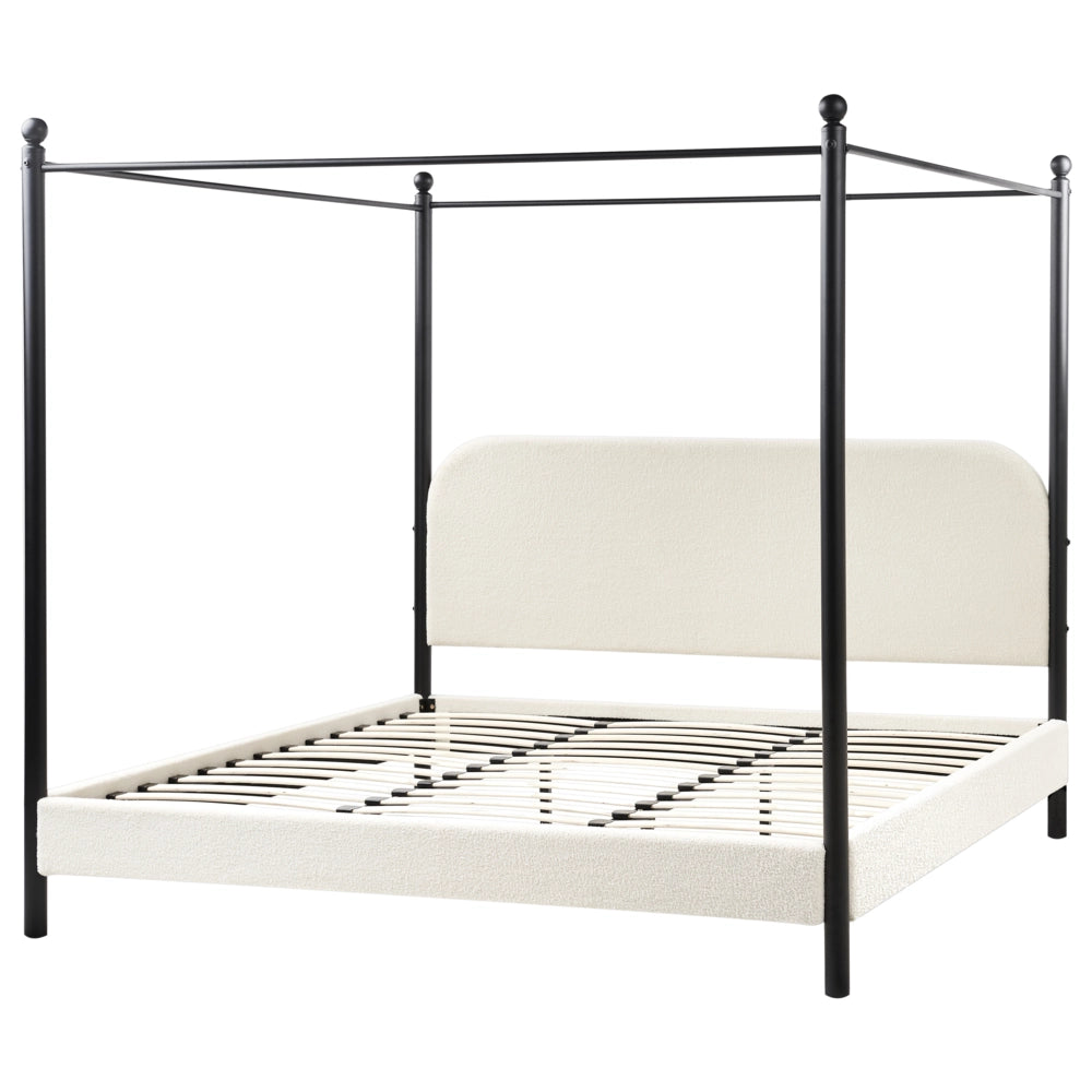 Letto a baldacchino in metallo nero con rivestimento in bouclé bianco 180 x 200 cm EU Dimensioni doppie Retro Minimalista